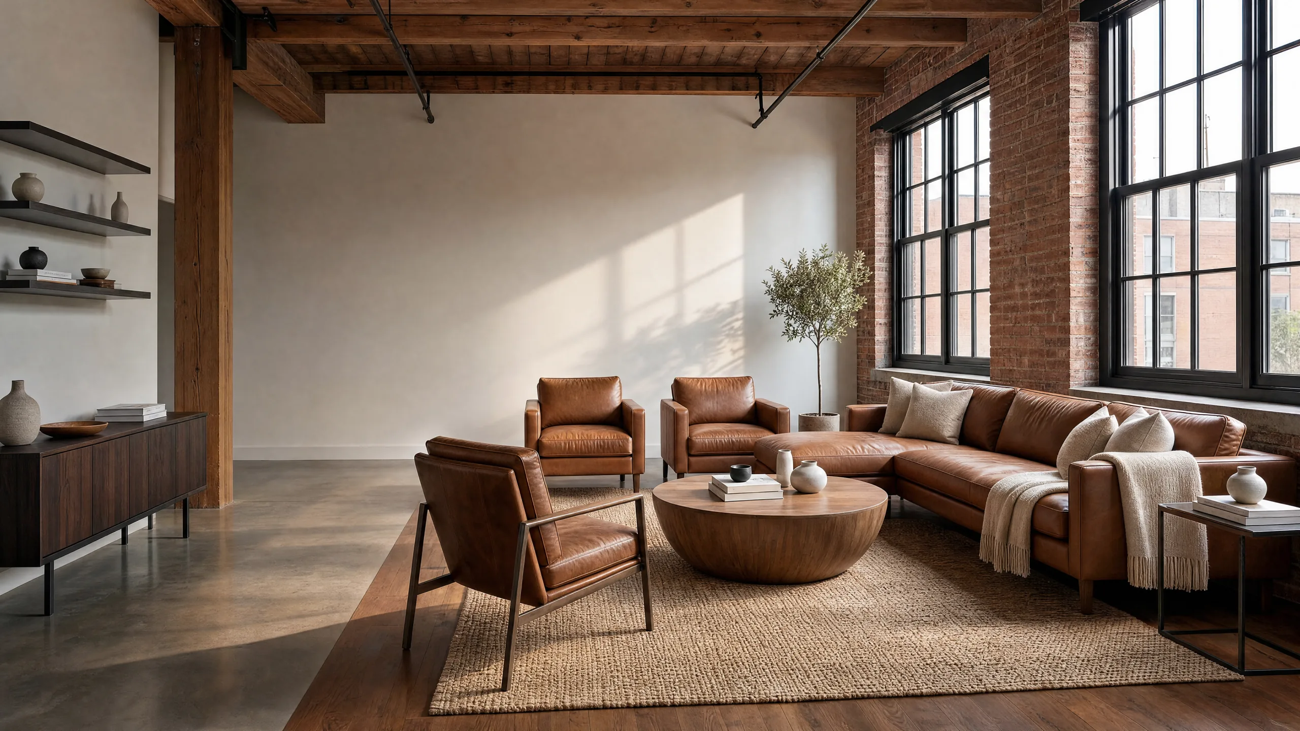 Loft-Interieur nach der Möbelaufarbeitung — Ledersofa und Sessel